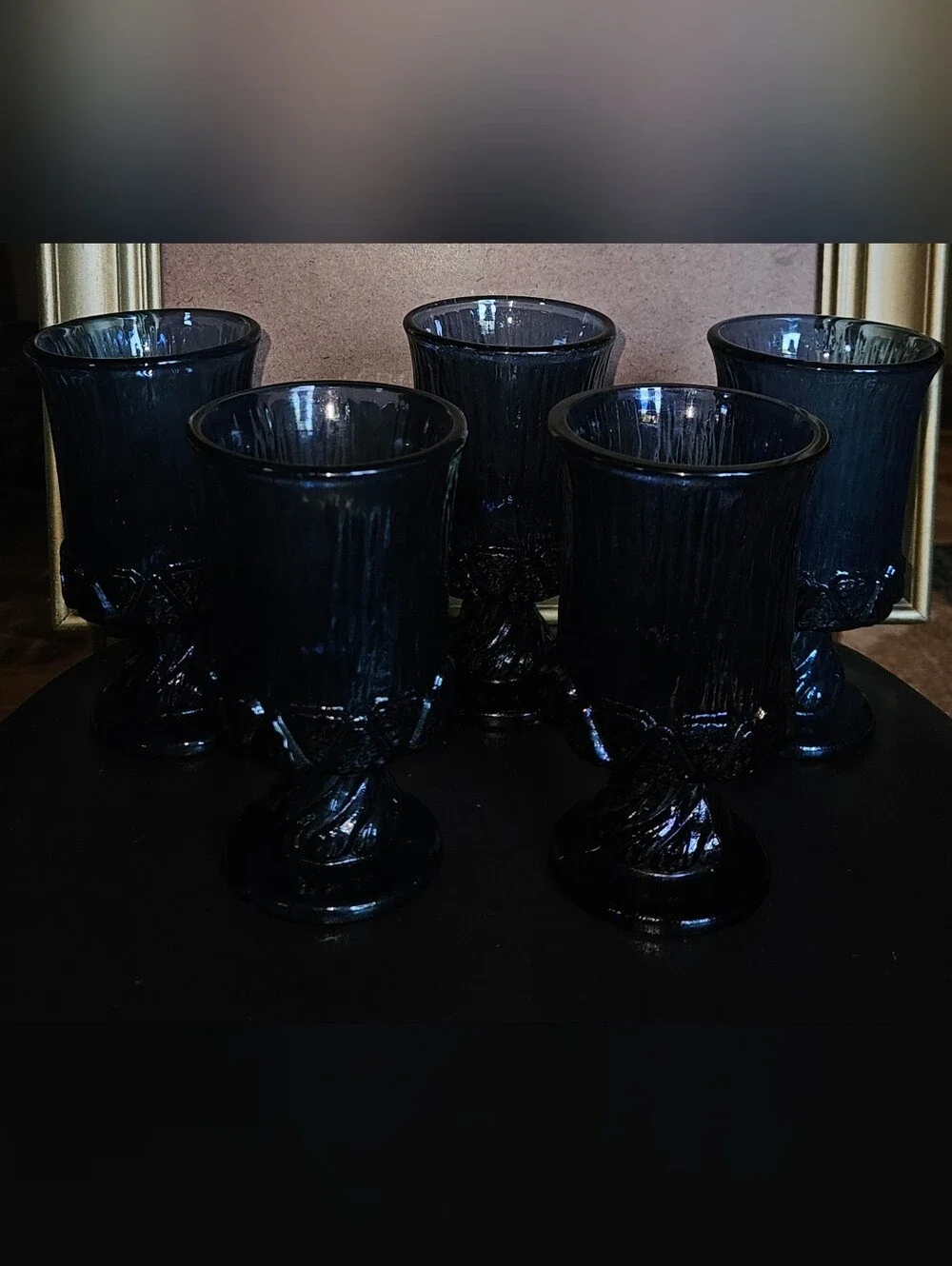 5 Vtg Fostoria Sorrento Blue Heavy Glass Goblets w Bark Texture & Twisted Stems